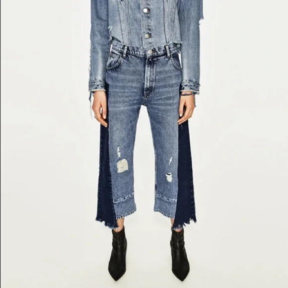 Blue Patchwork two tone denim asymmetric splice jeans Size 2 - Picture 2 of 12